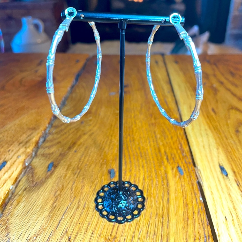 Silver bamboo large hoop earrings